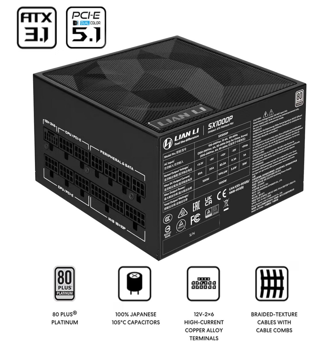 Lian Li SX1000P Platinum Compact ATX PSU 1000W-ATX 3.1-Black-SX1000P.B