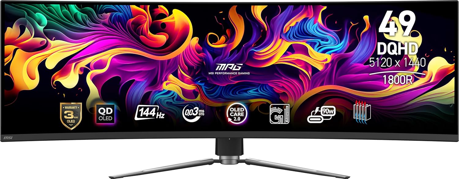 msi MPG 491CQP QD-OLED, 49 Curved OLED Gaming Monitor, 5120 x 1440 (DQHD), FreeSync Premium Pro, 0.03ms Response time, 144Hz, True Black HDR 400, HDMI, DP Port, USB Type C, Tilt